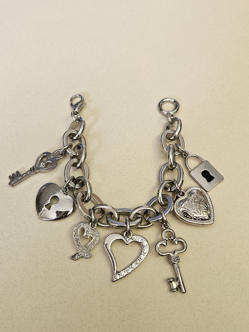 Silver Heart & Key Charm Bracelet - Women's Accessories